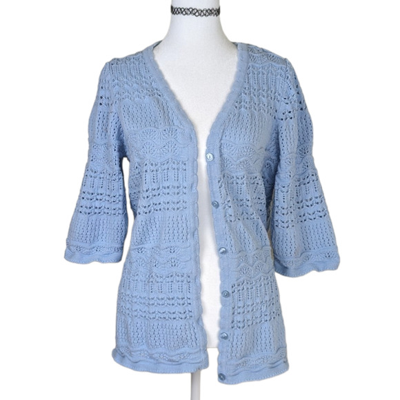 Blair Blue Cottagecore Coquette  Crochet Short Sleeves Spring Cardigan XL - Picture 1 of 6